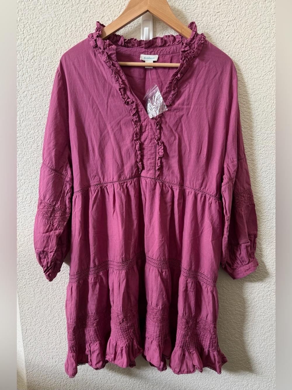 Sundance XXL Bromlee Ruffle V-Neck Long Sleeve Tiered Eyelet Dress Berry